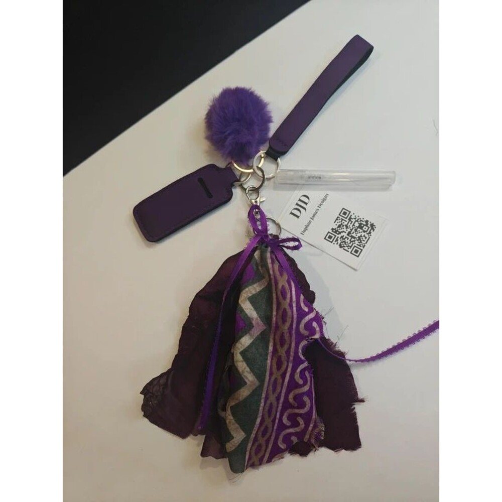 Handmade Purple Chindi Fabric Keychain Wristlet | Tassel & Pom-Pom Charm Set